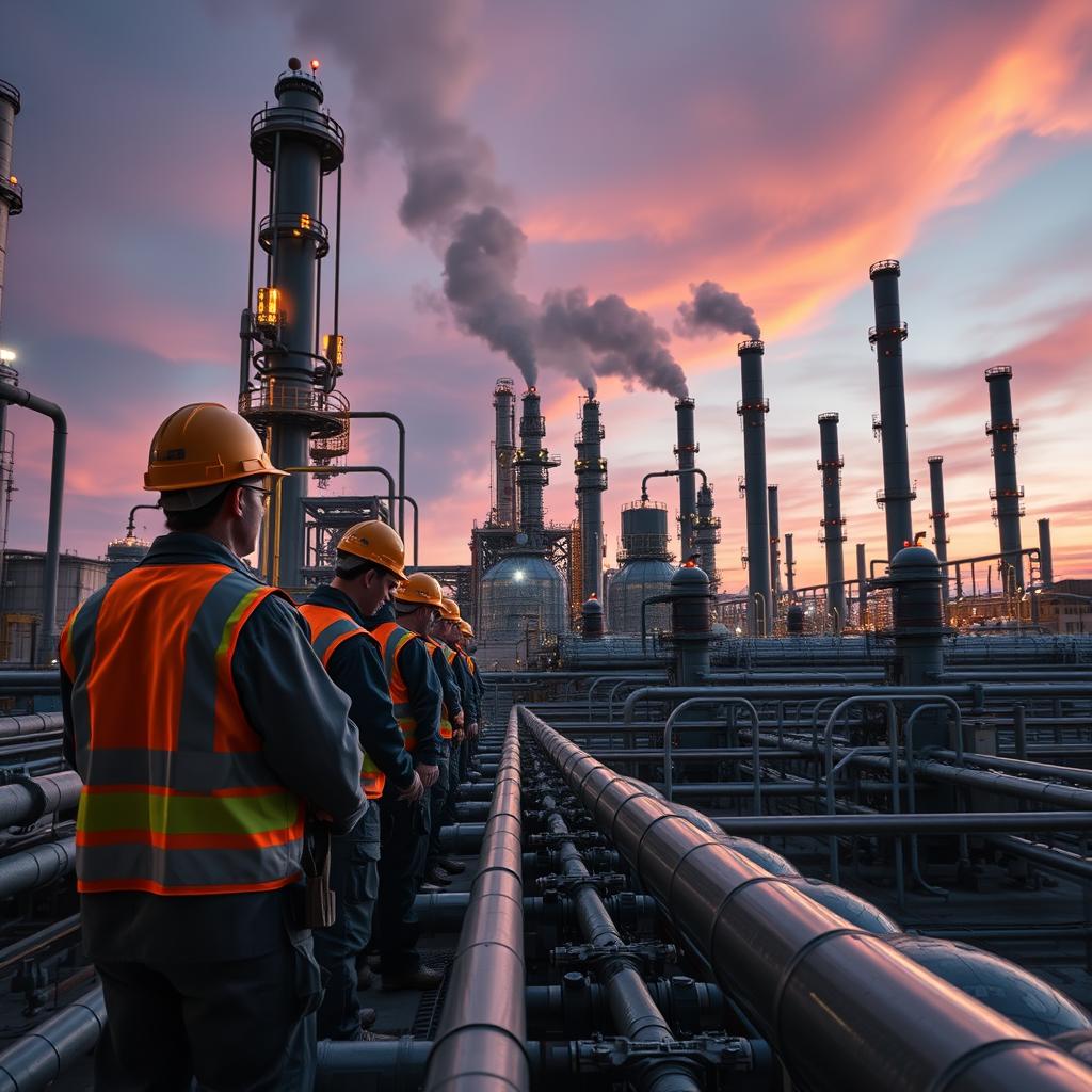 Industrial contractor crew working at a refinery or chemical plant